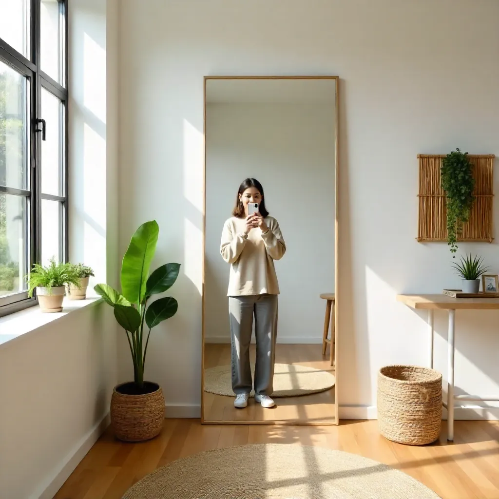 Bright Minimal Studio Mirror Selfie with Plants