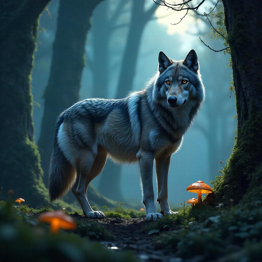 Moonlit 3D Wolf in a Mystical Forest