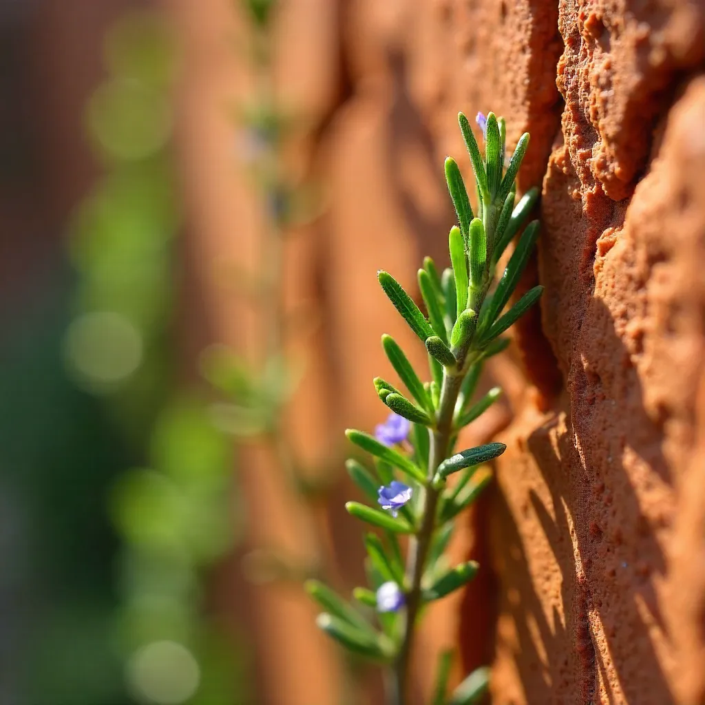 Close-Up Rosemary on a Rustic Terracotta Wall