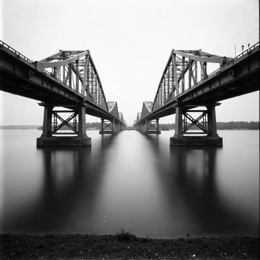 Monochrome Parallel Bridges Over a Serene Lake