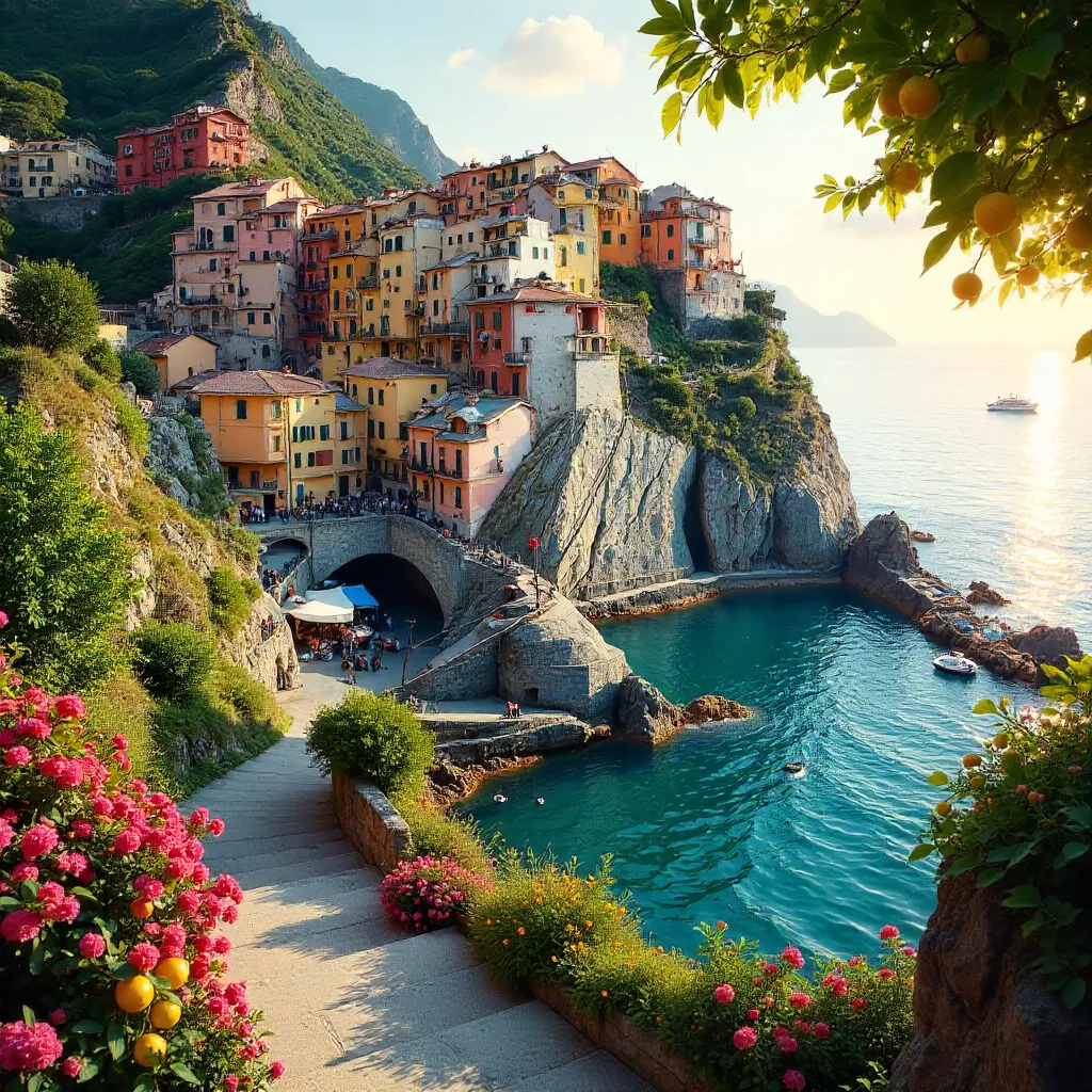 Sunlit Amalfi Coast Cliffside Townscape