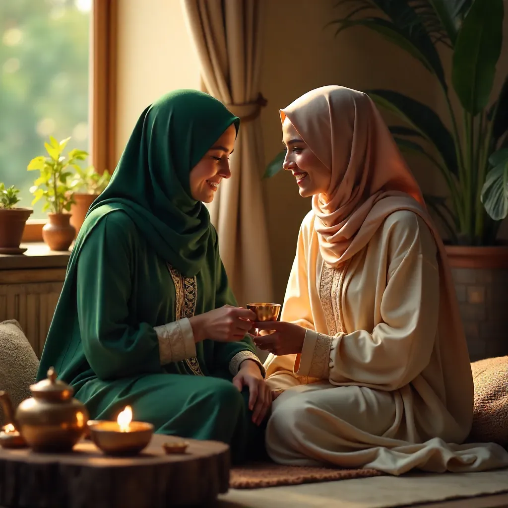 Two Hijab-Clad Women Sharing a Warm Traditional Moment
