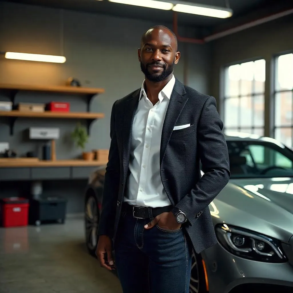 Photorealistic Black Professional in a Modern Garage