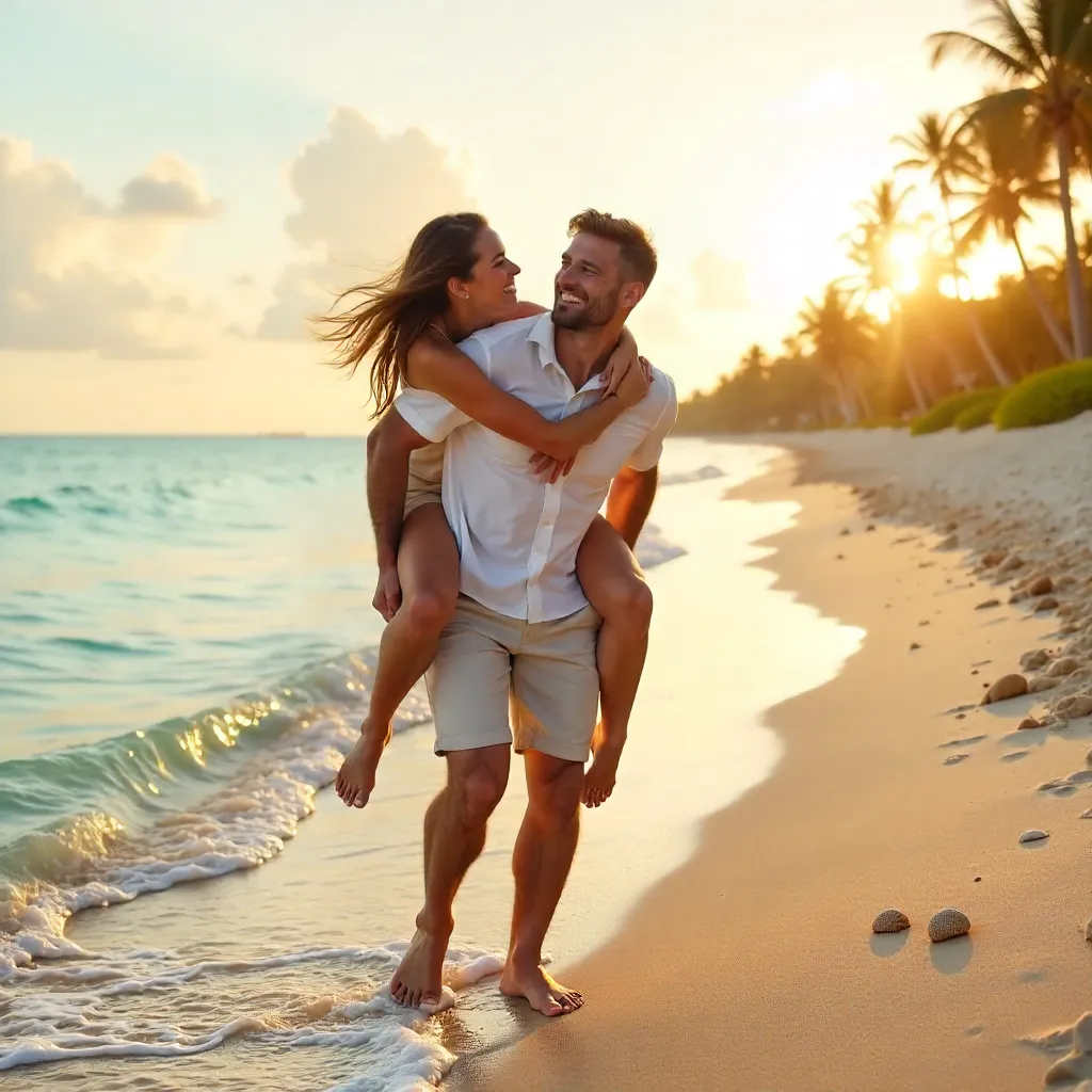 Joyful Piggyback on a Serene Beach Day