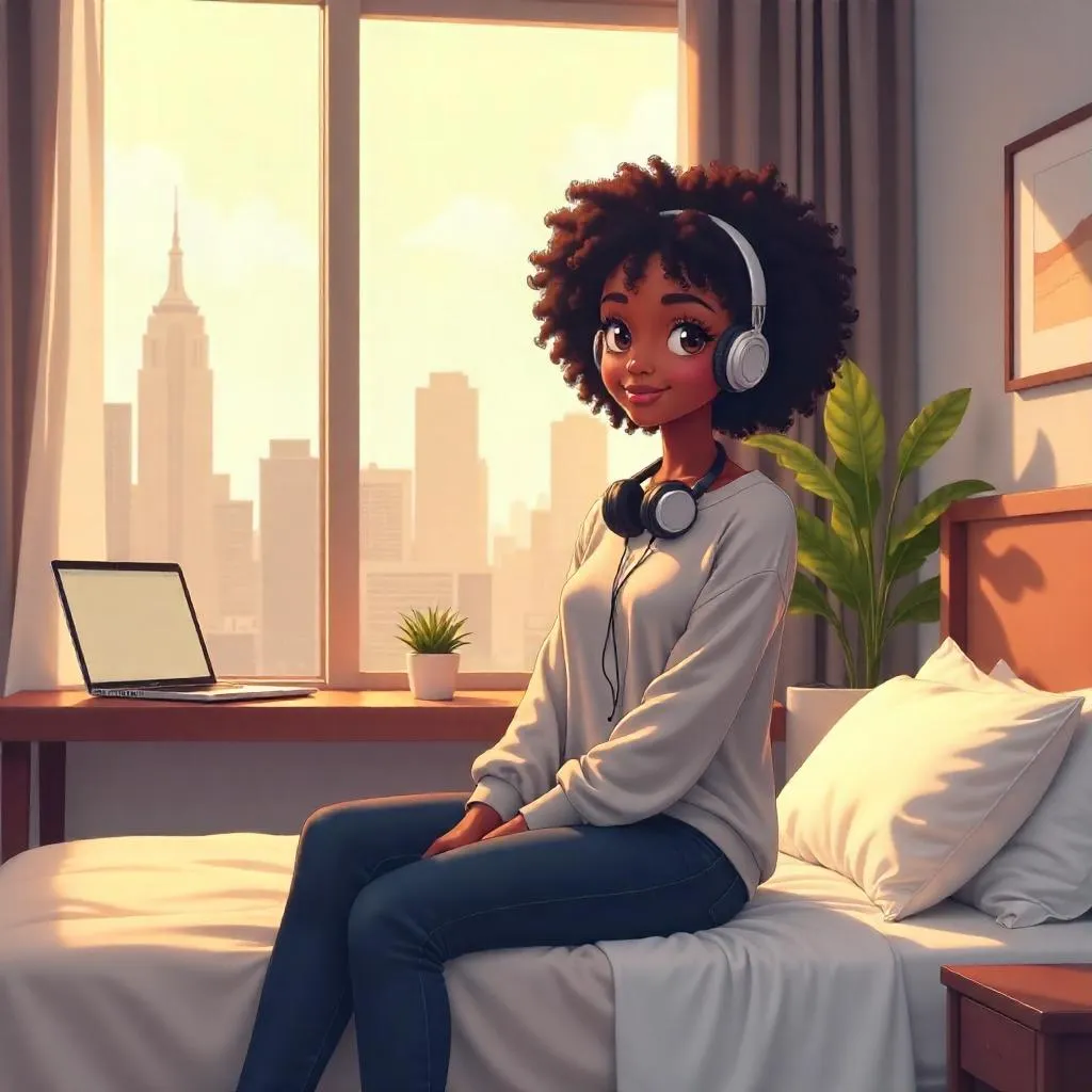 Anime-style hotel room with a Black woman
