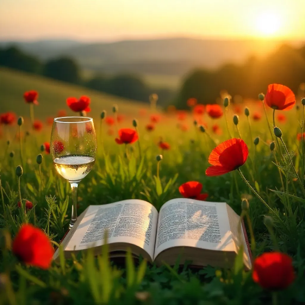 Romantic Meadow: Open Book, Wine Glass, Poppies