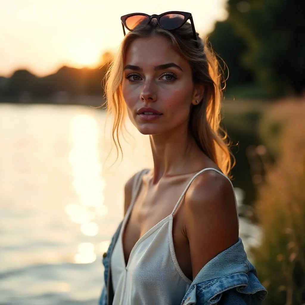 Lakeside Chic: Photorealistic Portrait by the Lake