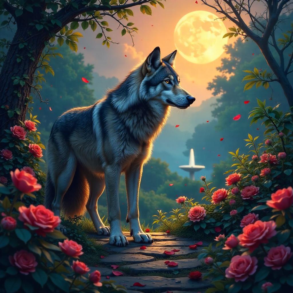 Moonlit Wolf in a Lush Garden of Blooming Color