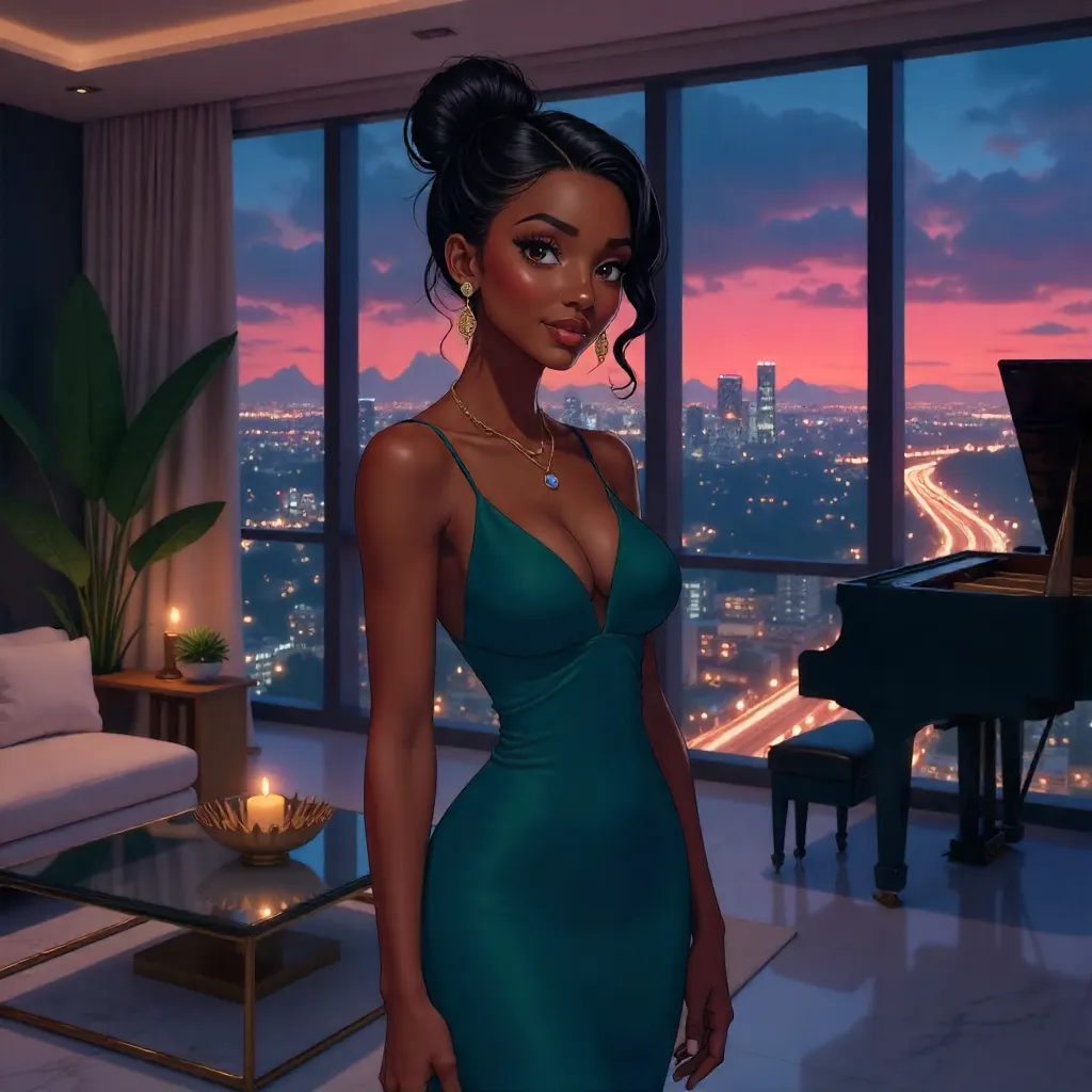 Elegant Anime Black Girl in a Penthouse