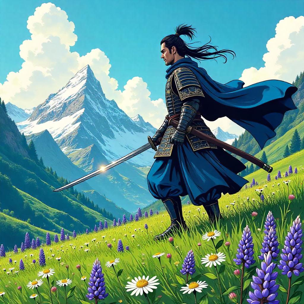 Samurai in an Alpine Meadow — Comic Book Style