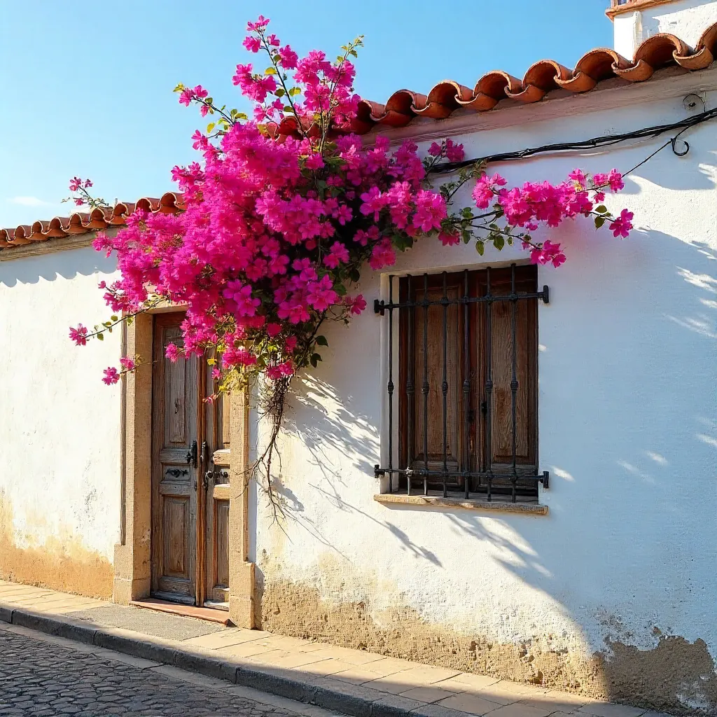 White Málaga Facade with Pink Bougainvillea and Rustic Window