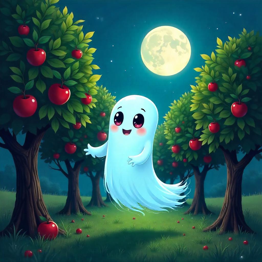 Wraith in a Cartoon Orchard Under Moonlight