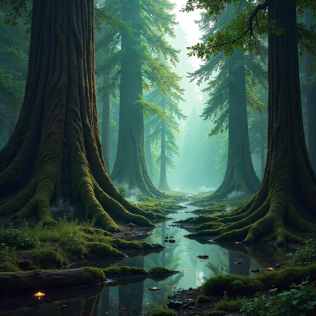 Mist-Clad Redwood Swamp — Concept Art Vista