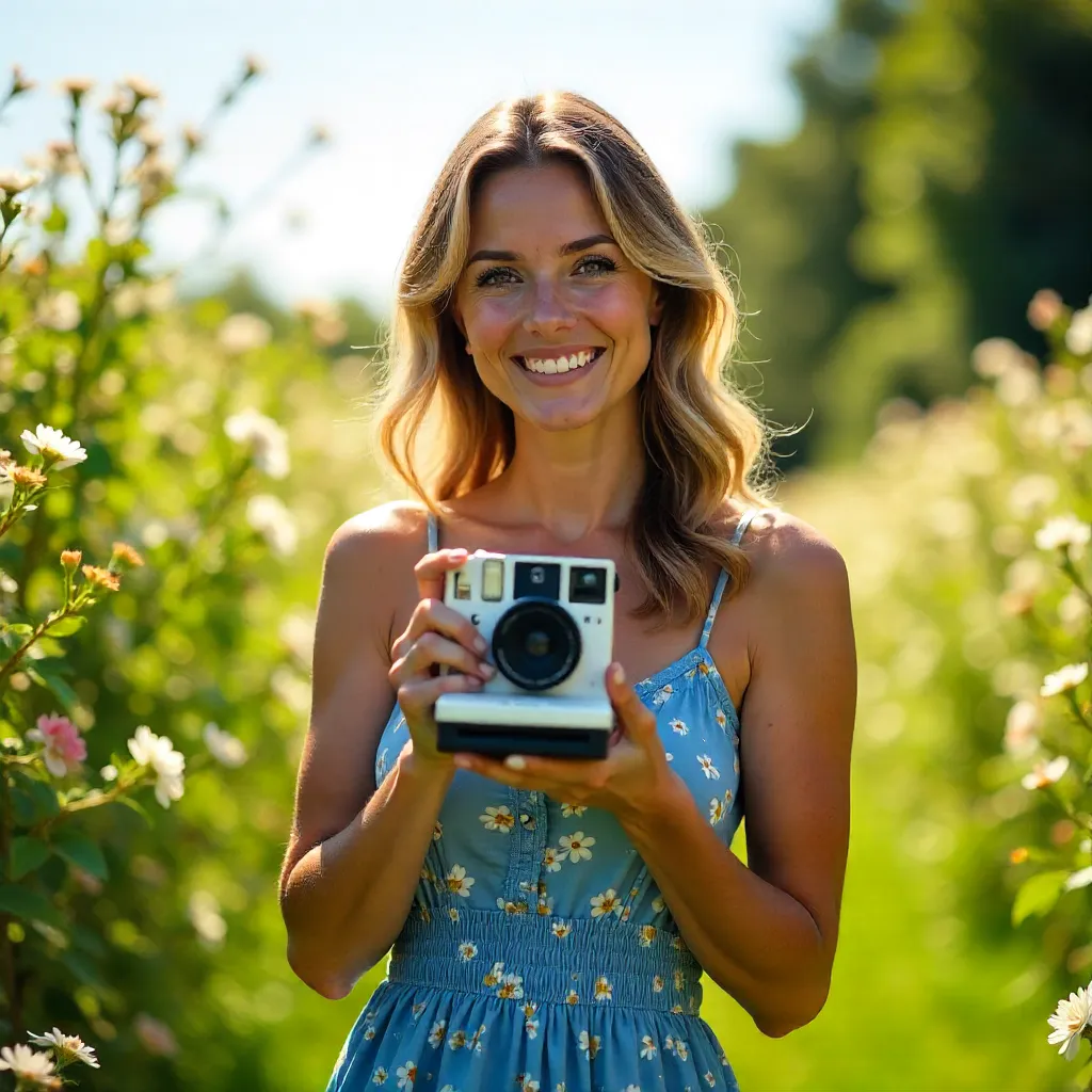 Sunlit Moment: Woman in Blue Floral Dress with Instant Camera