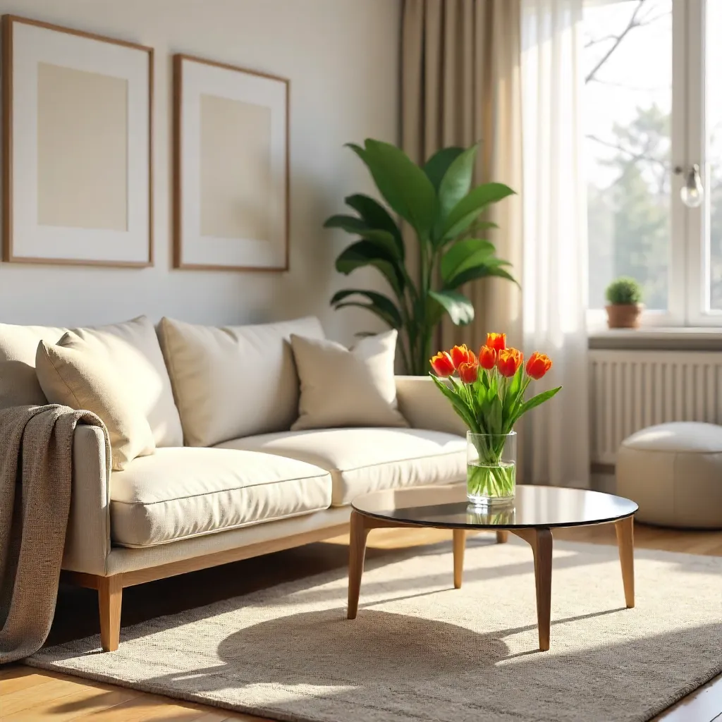 Chic Living Room with Tulips on a Glass Coffee Table