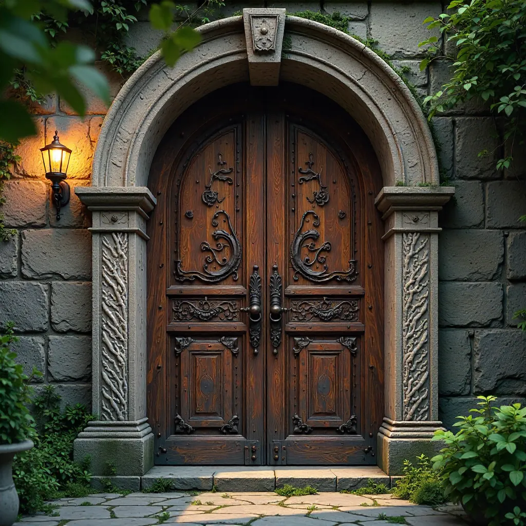 Carved Wooden Door Within an Ancient Stone Archway