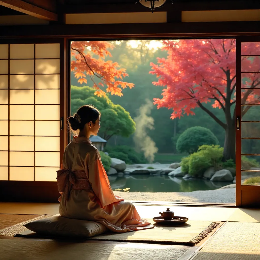 Woman in a Japanese Teahouse Gazing at the Garden
