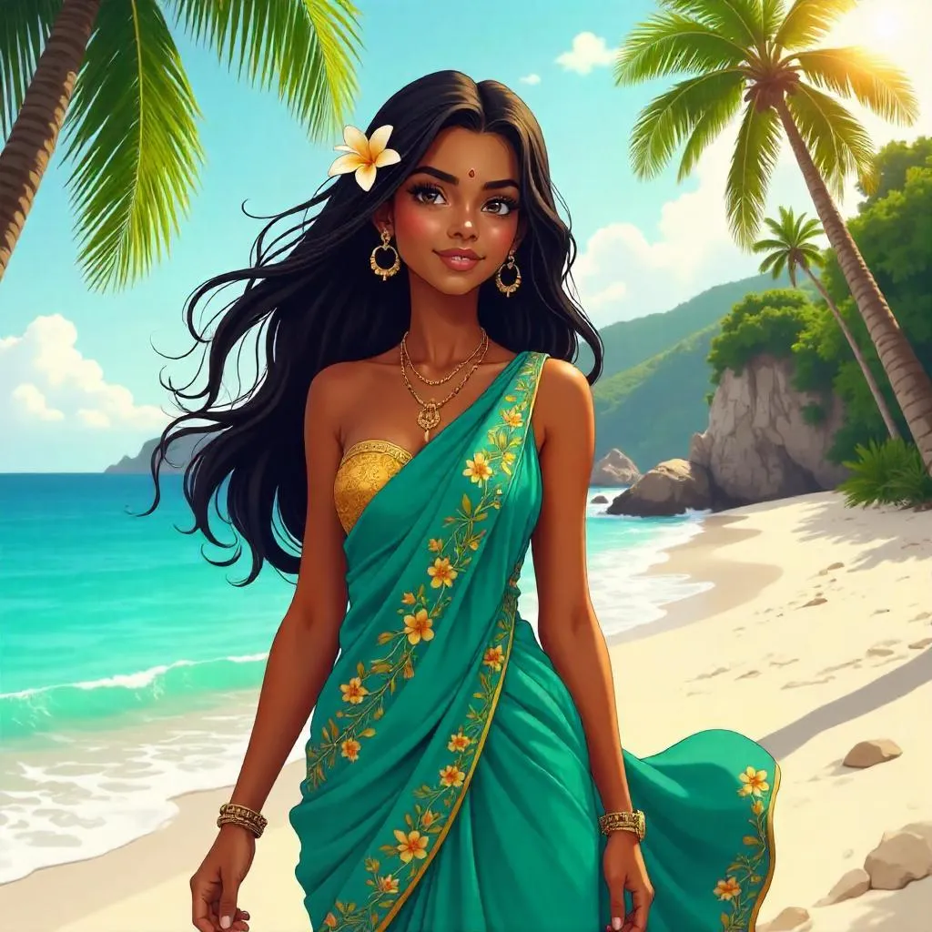 Sunlit Anime Indian Woman in a Tropical Paradise