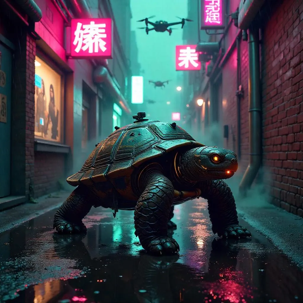Cyberpunk Turtle in an Underground City