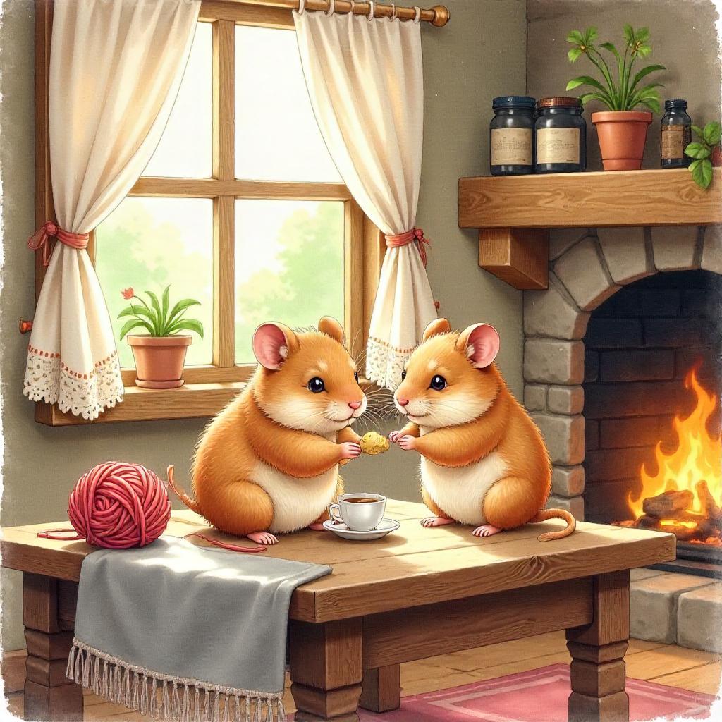 Whimsical Watercolor Hamster in a Cozy Cottage