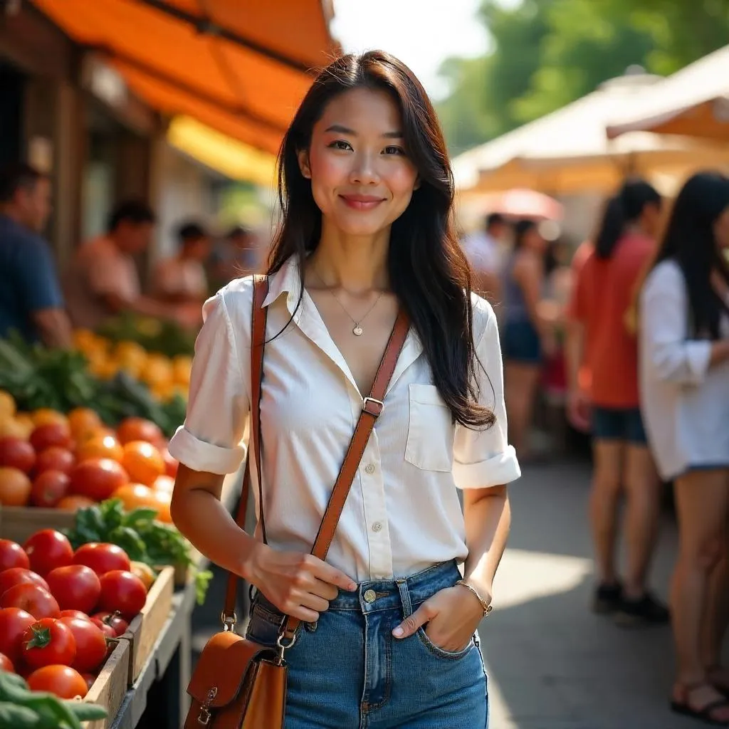 Confident Asian Woman at a Lively Farmers Market