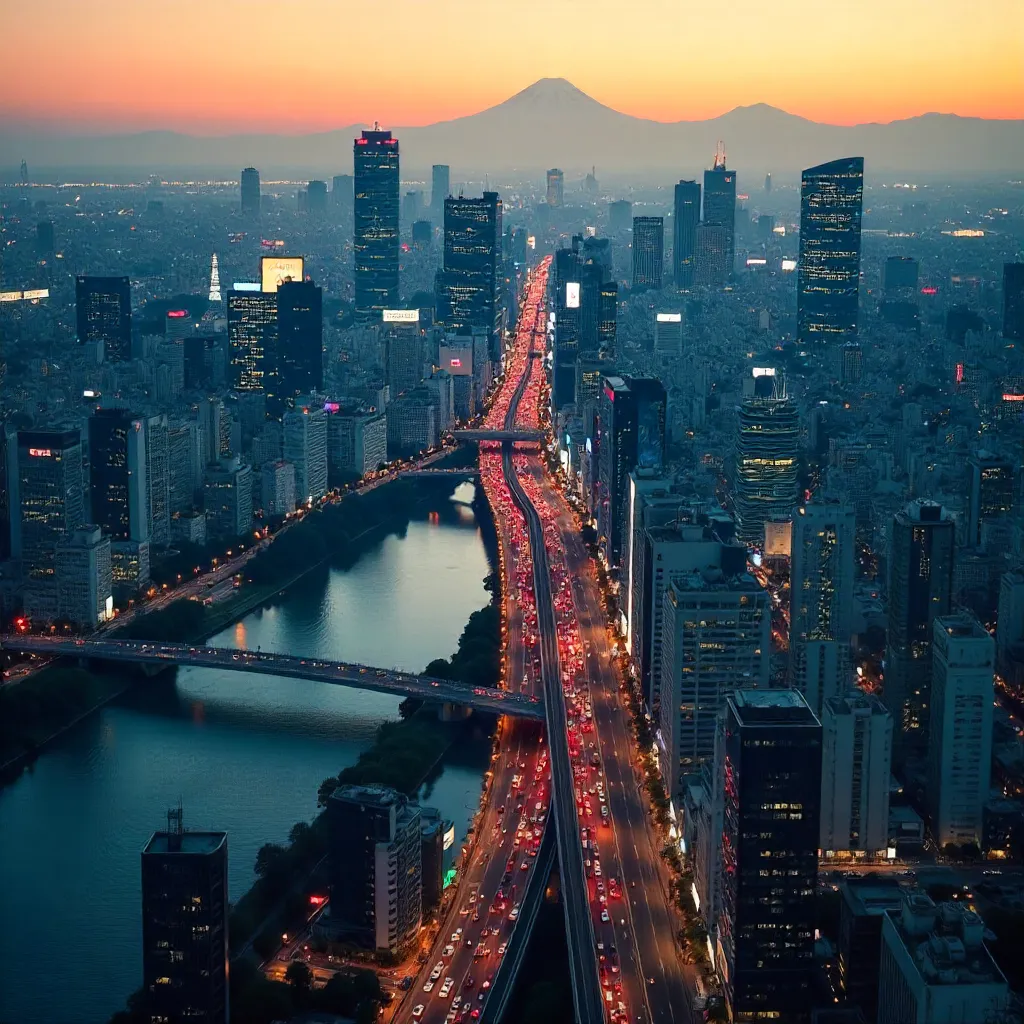 Dusk Over Tokyo: Aerial Skyline of Neon Streets