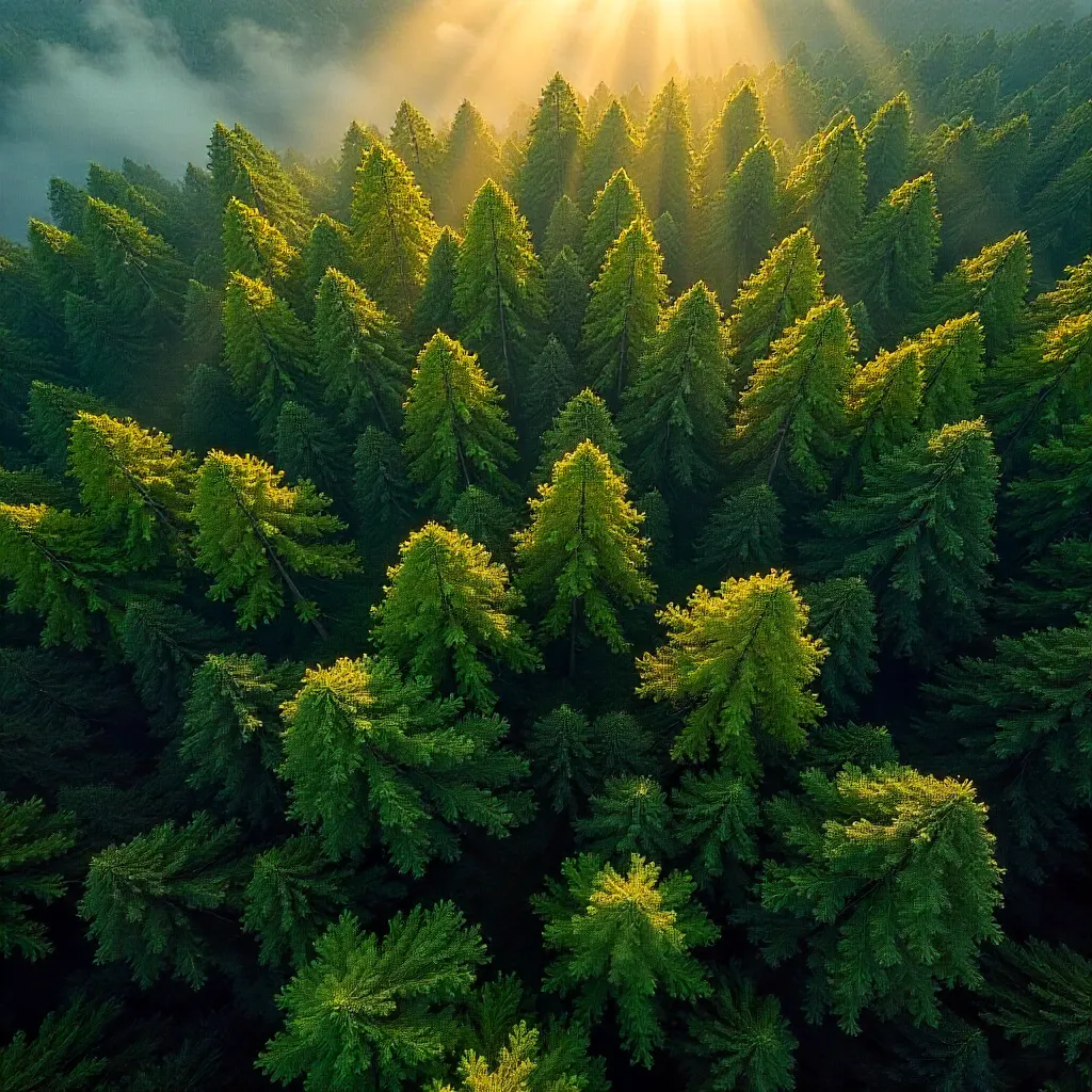 Aerial Forest Canopy in Green and Gold