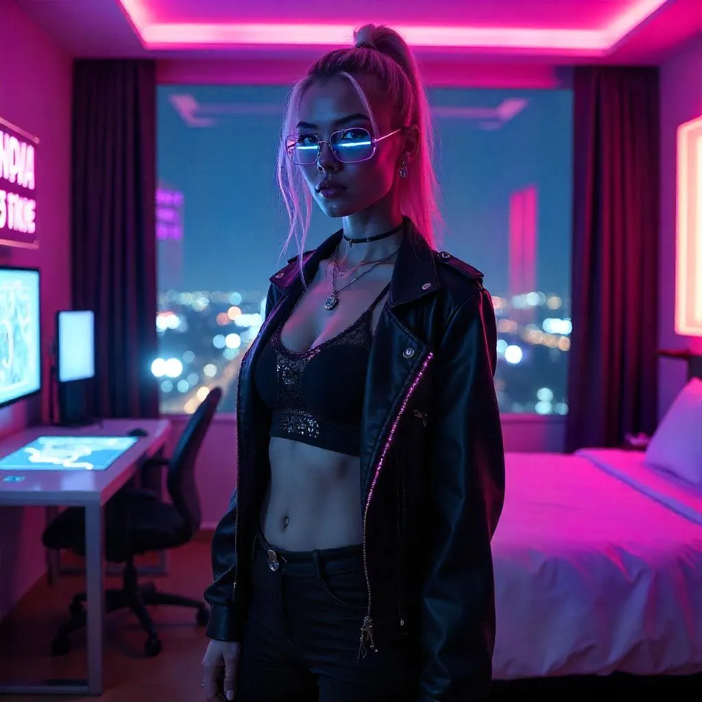 Neon-lit Cyberpunk Hotel Room Portrait