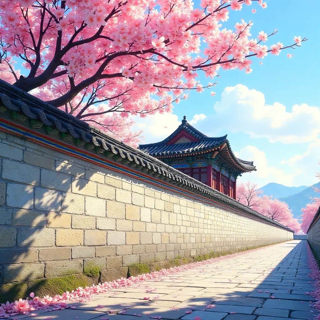 Cherry Blossoms on a Korean Palace Wall in Spring