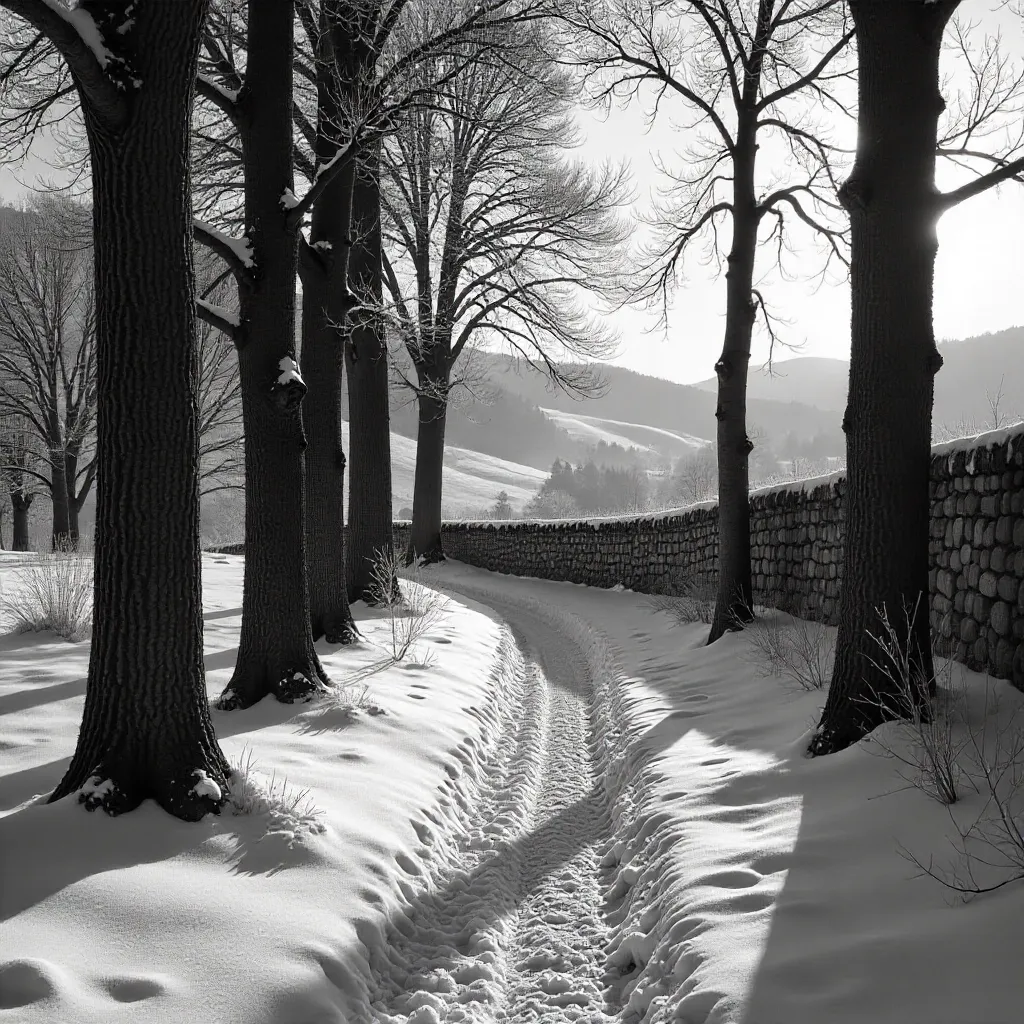 Snowy Tuscany Forest Shadows in Black and White