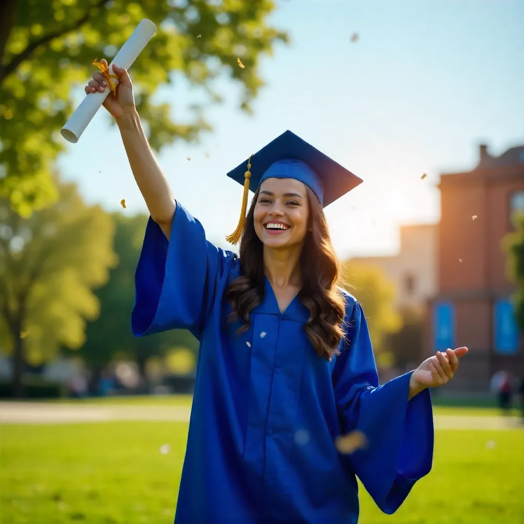 Joyful graduate in blue cap and gown celebrating outdoors