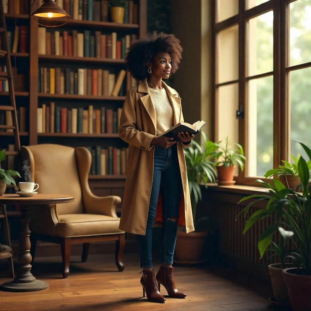 Stylish Black Girl in a Cozy Bookstore