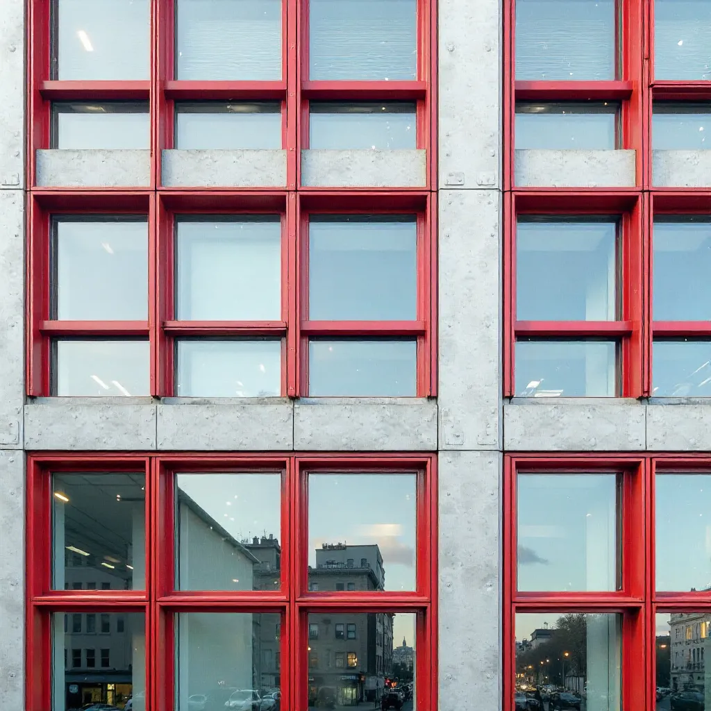 Close-Up of Red-Framed Window Grid Facade