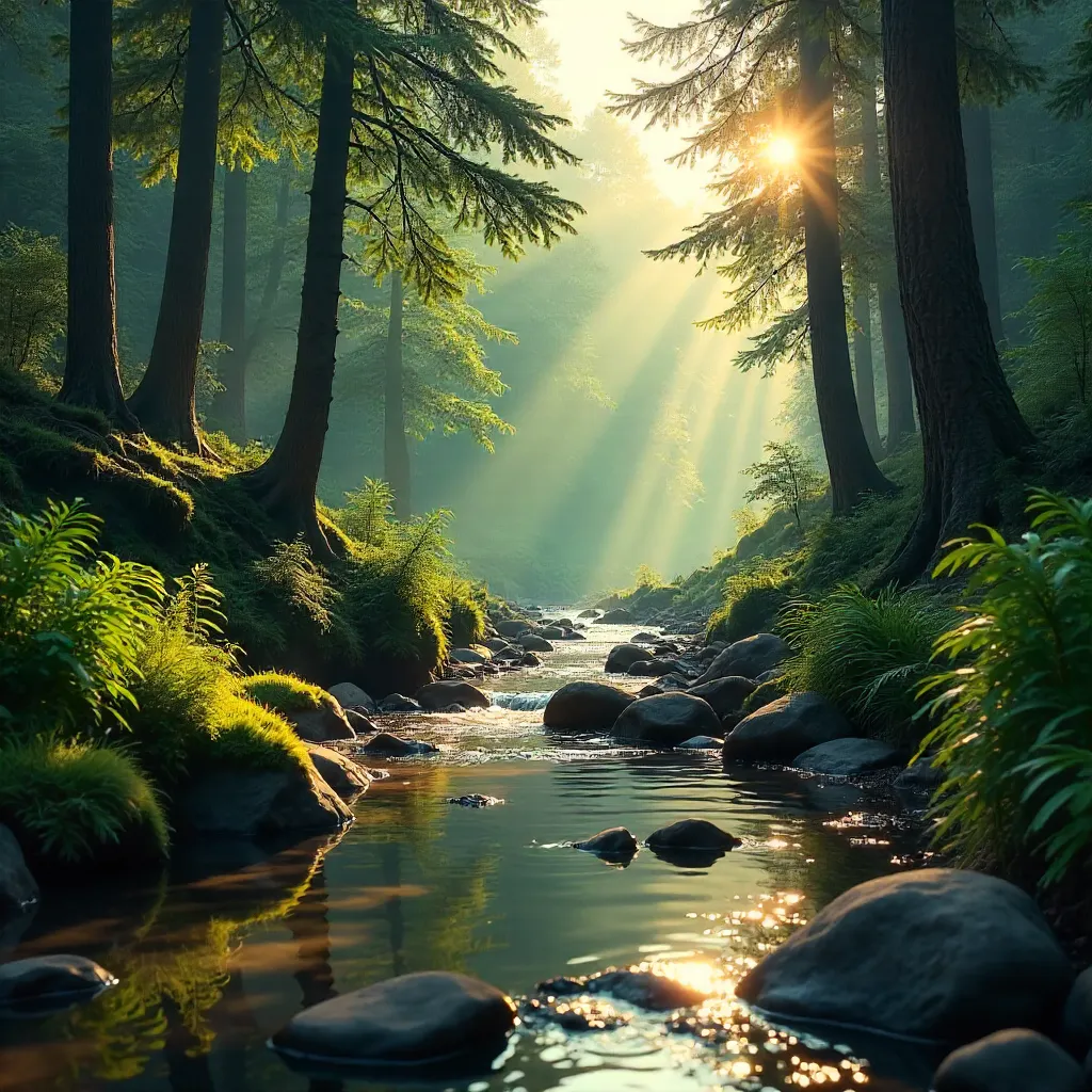 Tranquil Emerald Forest Stream Through Dense Trees