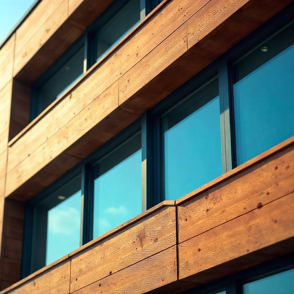 Close-Up: Modern Wooden Facade with Blue-Tinted Windows