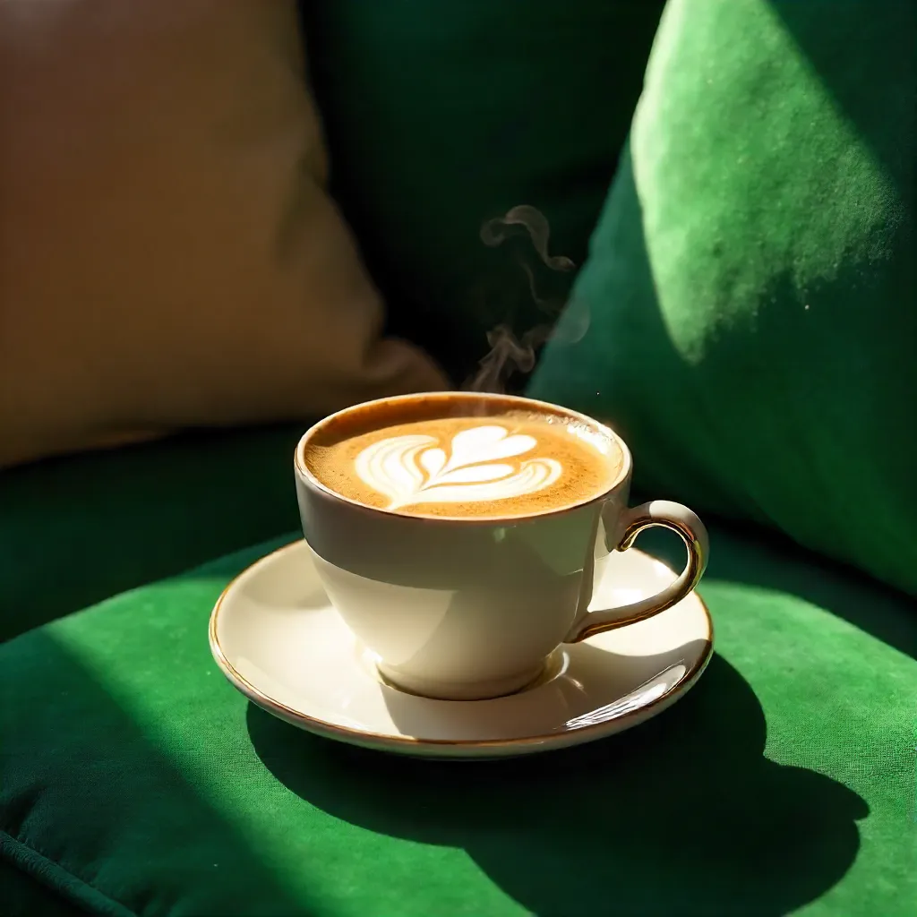 Sunlit Cappuccino on Emerald Velvet Sofa