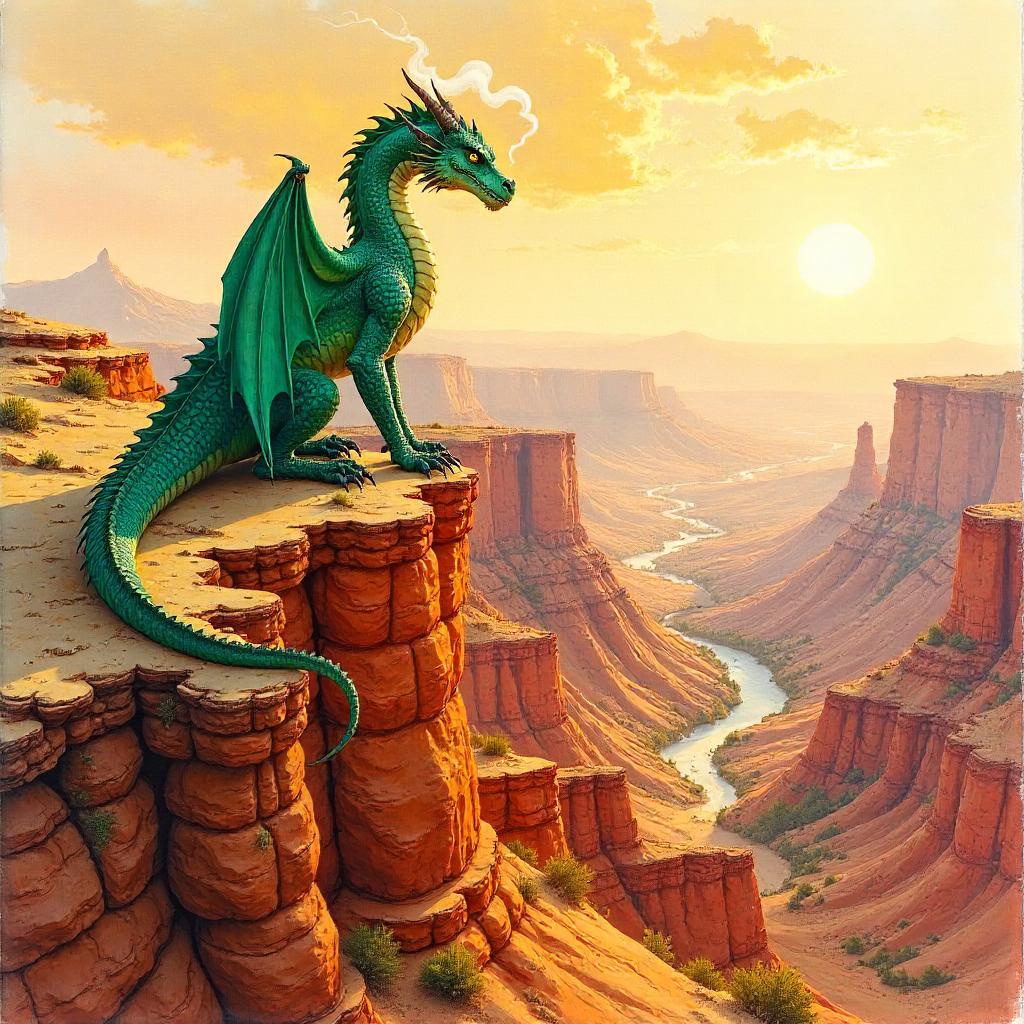 Ancient Dragon Over Arid Badlands - Watercolor