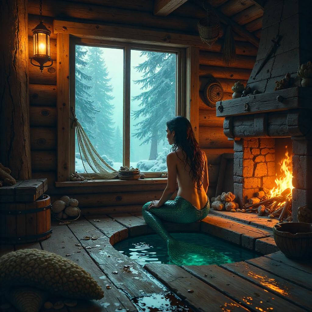 Mermaid Concept Art Inside a Rustic Log Cabin