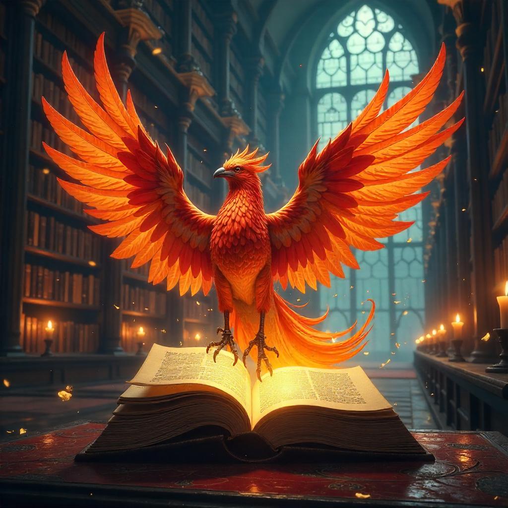 Phoenix Concept Art in a Magical Library