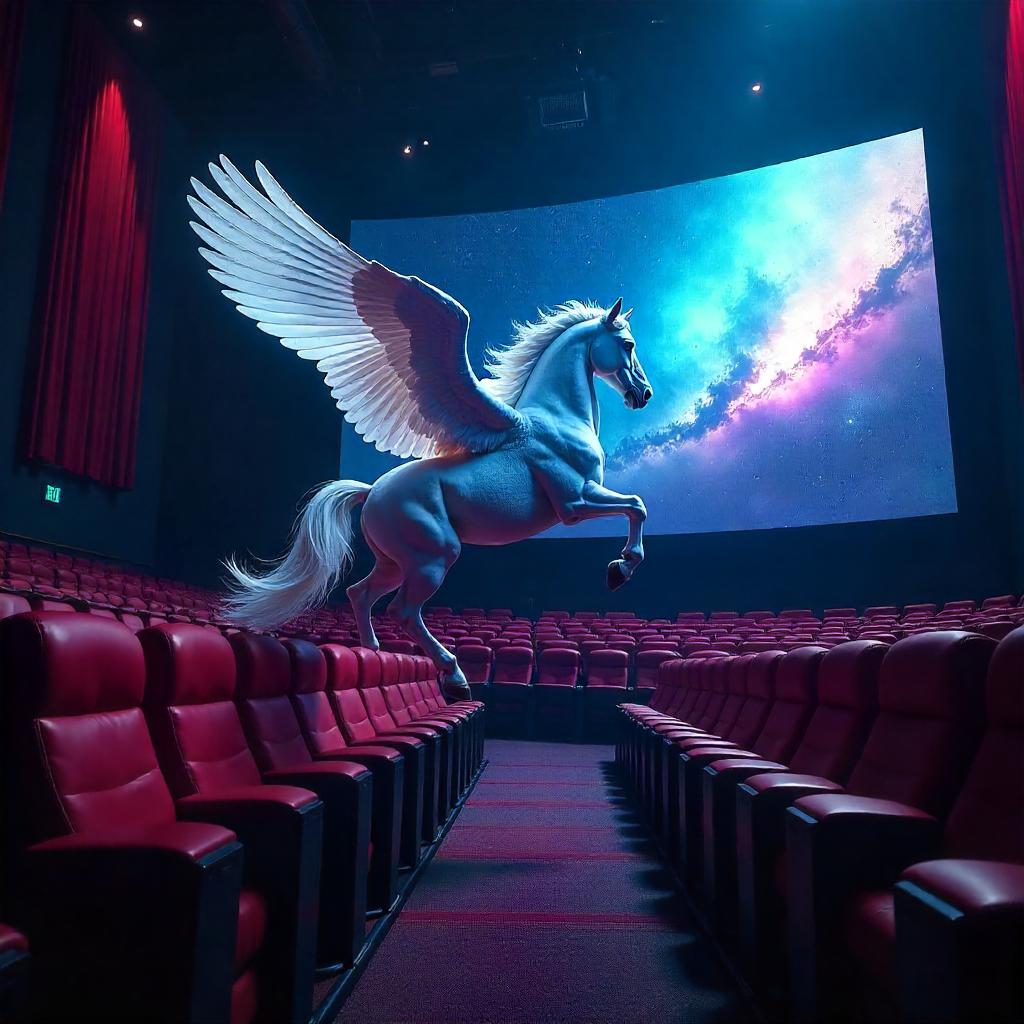 Pegasus in a Cinematic Neon Theater