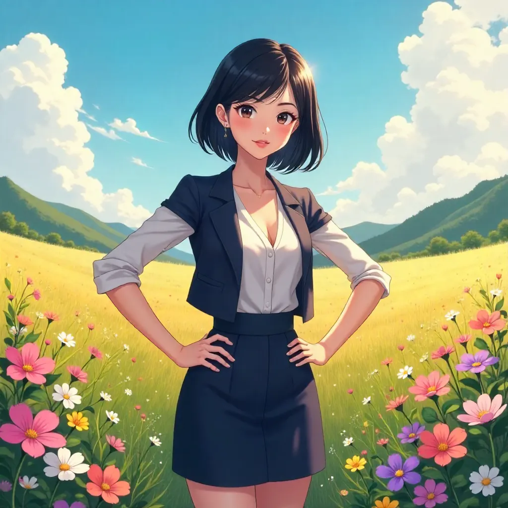 Confident Asian Woman in a Field of Flowers (Anime)