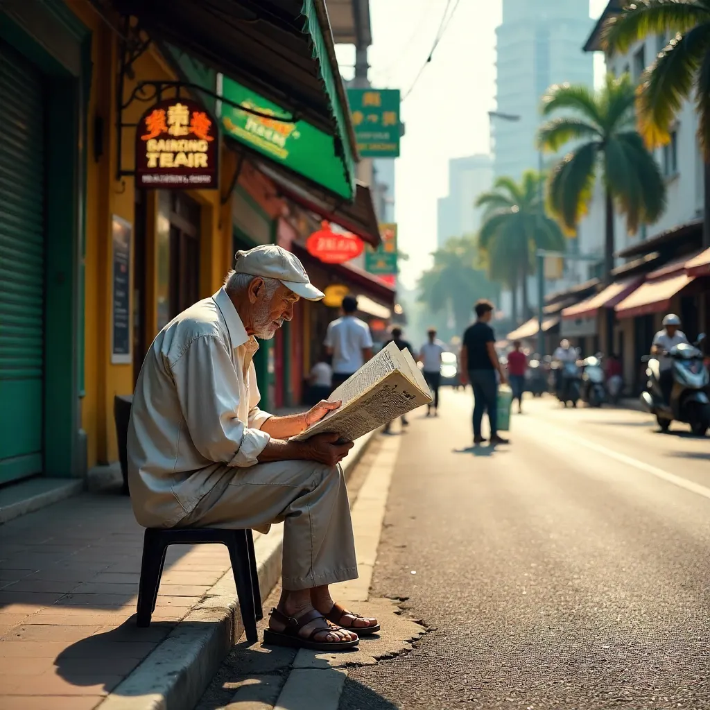 Candid Moment: Senior Man Reading Newspaper in Singapore