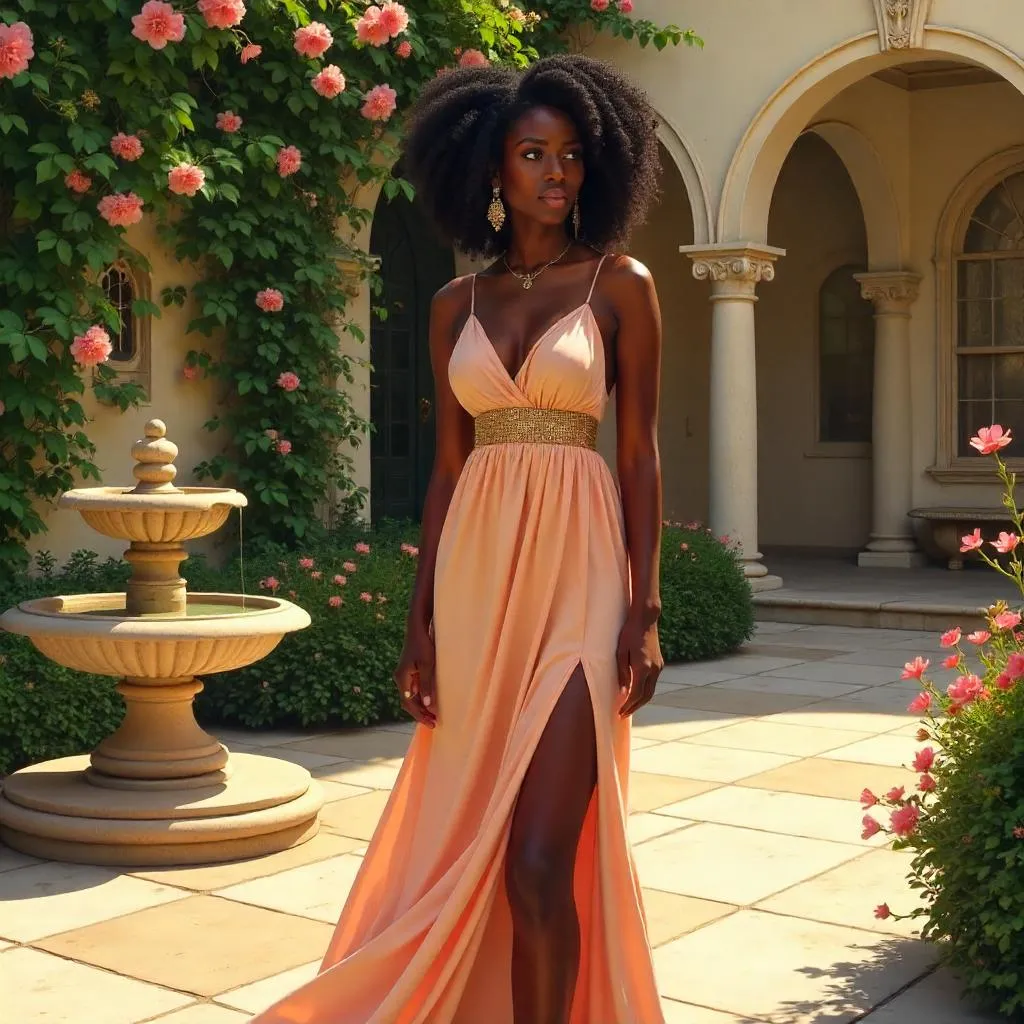 Courtyard Elegance: Digital Portrait of a Black Woman