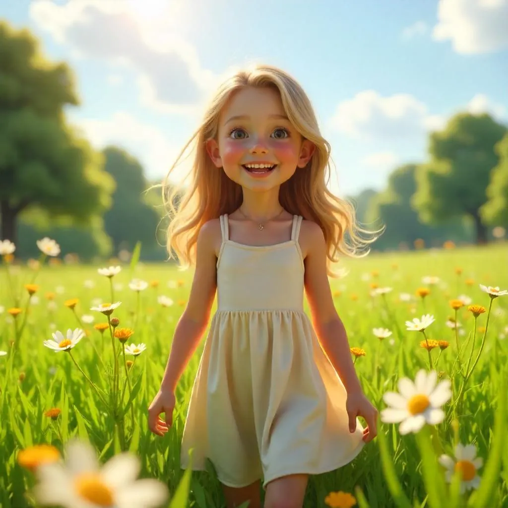 Cheerful White Girl in Meadow - 3D Render