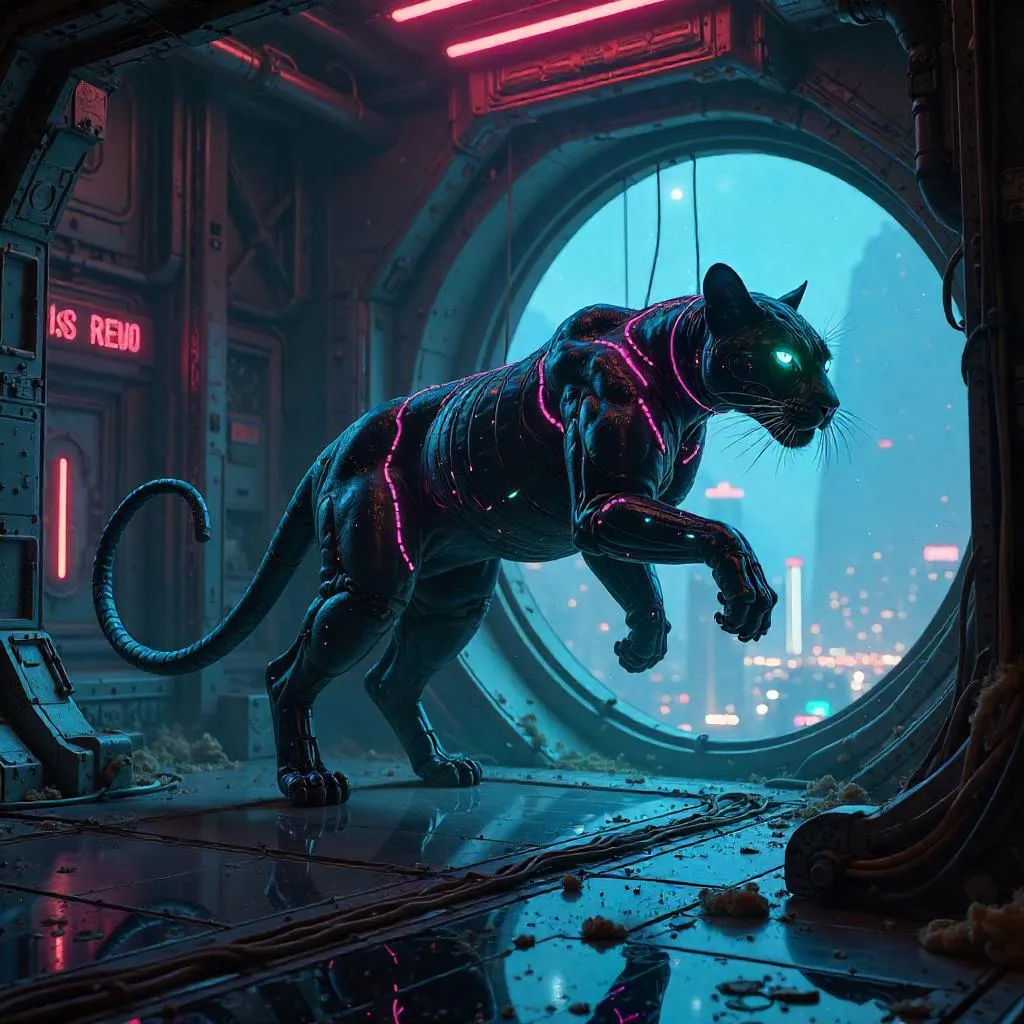 Zero-G Cyberpunk Panther in Neon Orbit