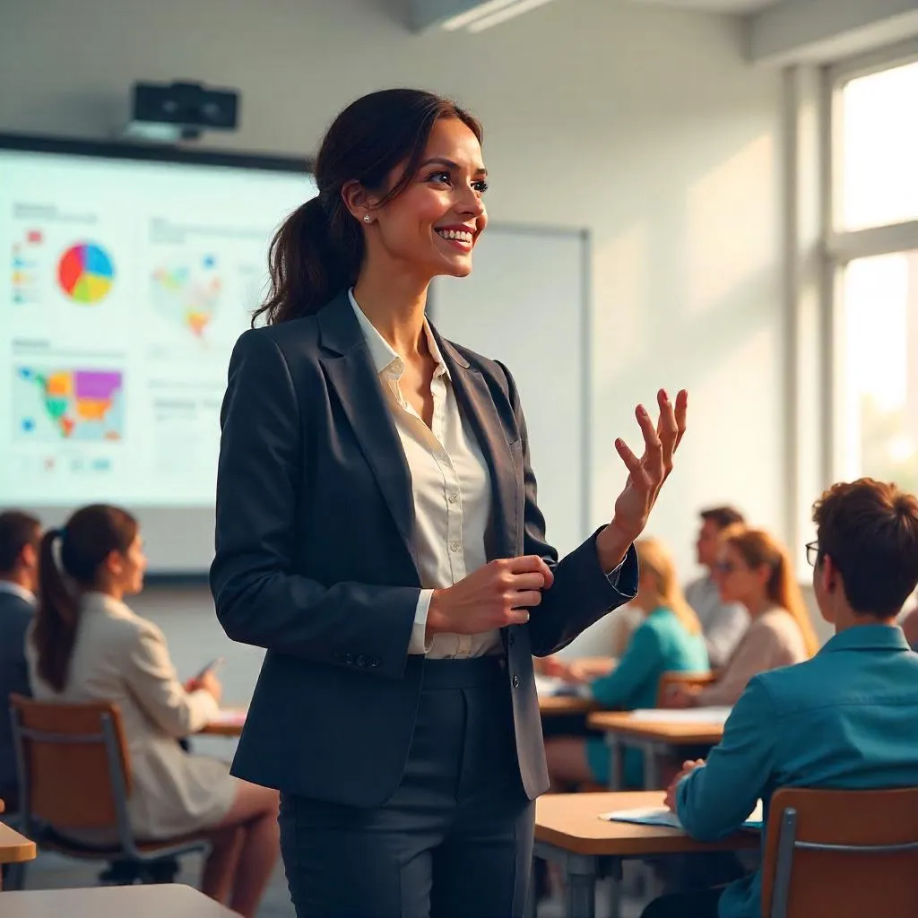Confident White Woman Teaching in a Modern Classroom