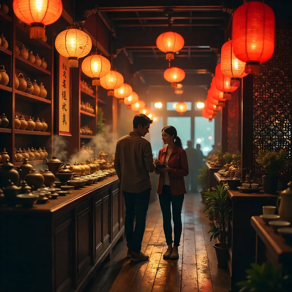 Two Explorers in a Lantern-Lit Asian Tea Shop