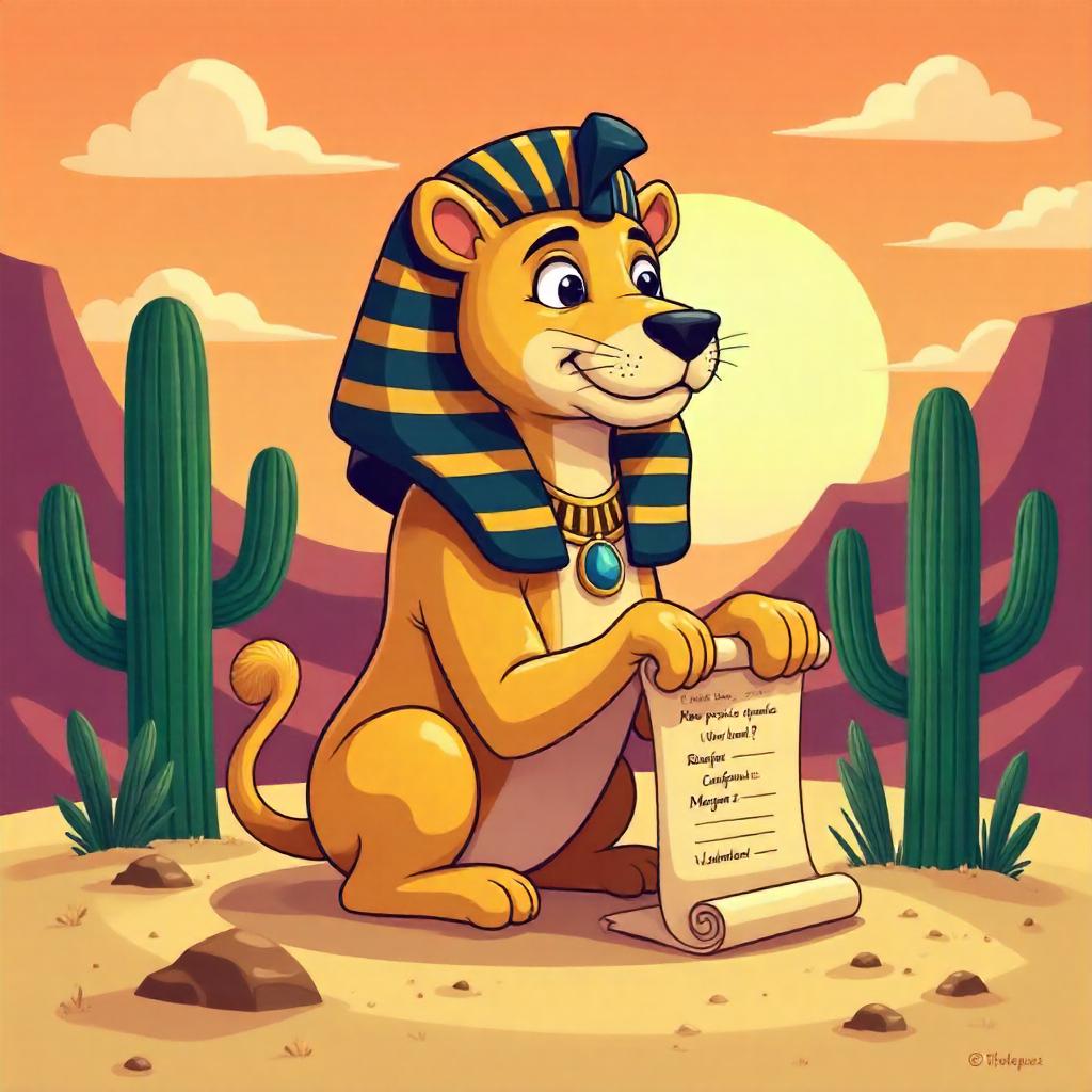 Playful Cartoon Sphinx Among Desert Cacti