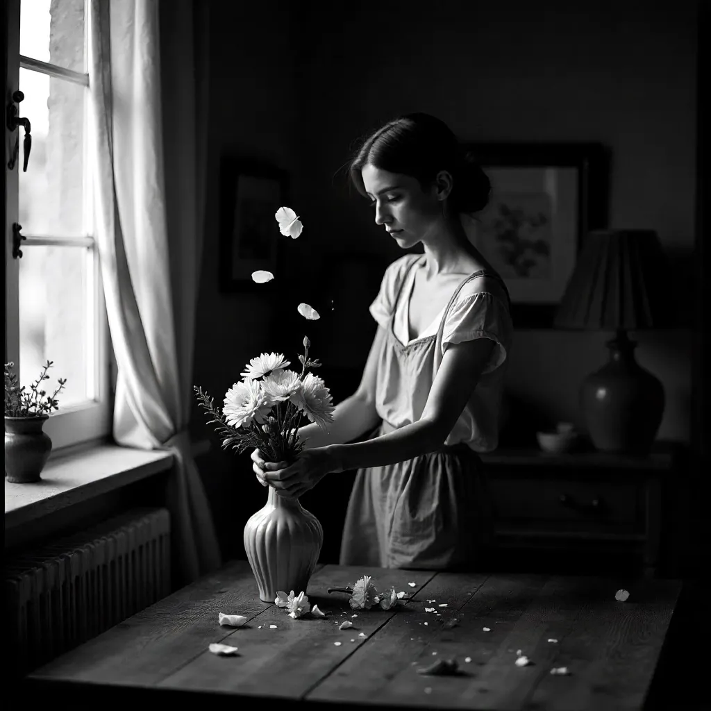 Monochrome Moment: Woman Arranging Flowers Indoors