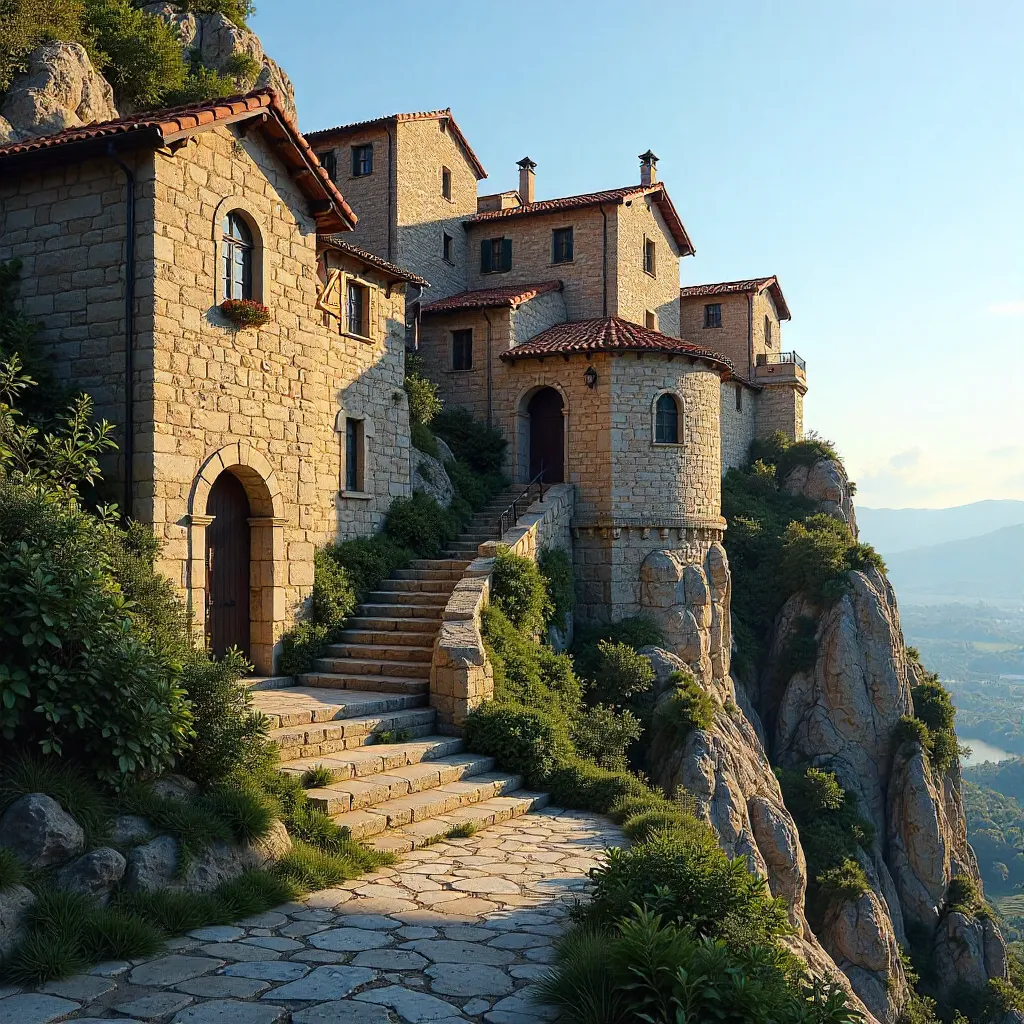 Rustic Civita di Bagnoregio: Stone Stairs Under a Clear Sky